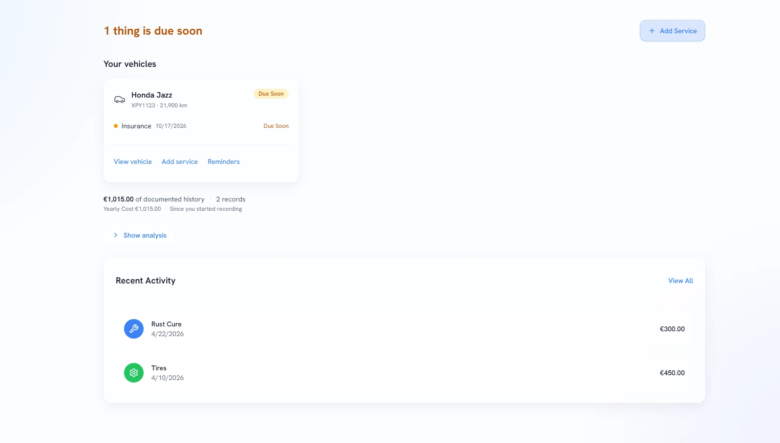 MyServiceBook vehicle maintenance app dashboard with service reminders and maintenance costs